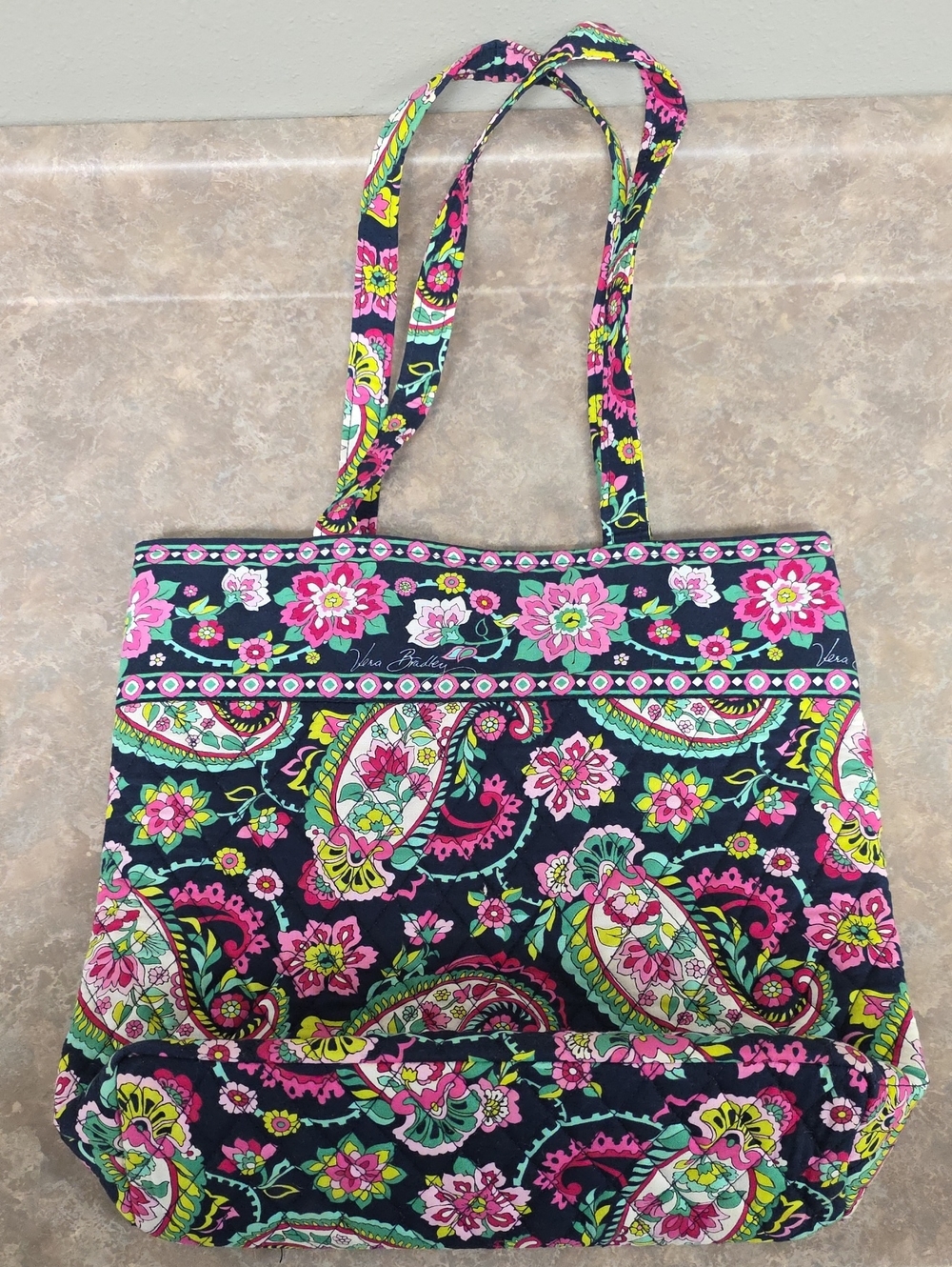 Vera Bradley Navy Petal Paisley Quilted Tote with Pink & Green Accents